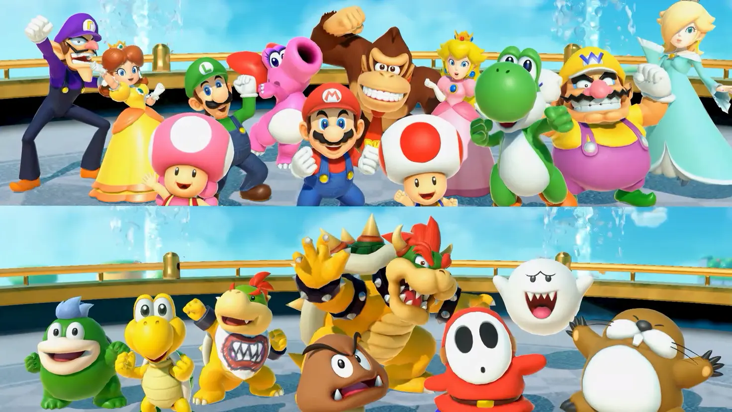 Two groups of characters, one containing heroes and the other containing villains, in the Super Mario Party Jamboree video game