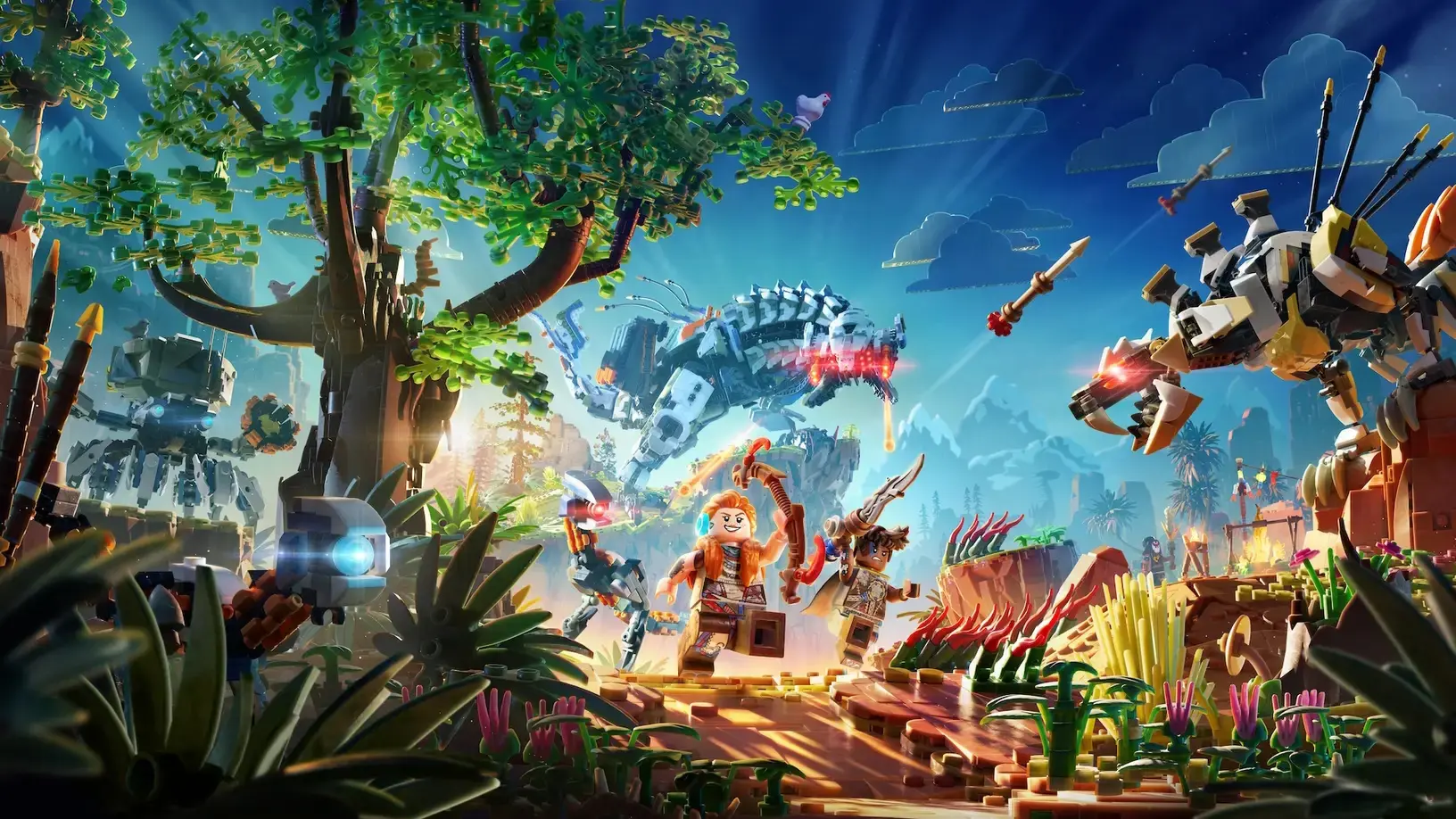 Lego Aloy and companions run through a lego forest and fire arrows at lego machines