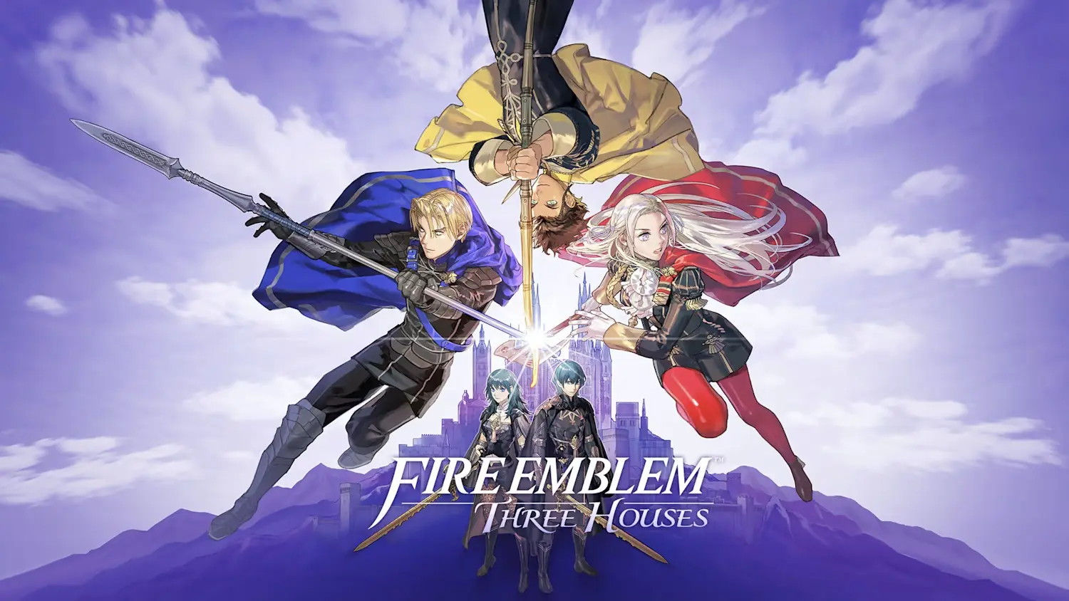 Edelgard, Dimitri, and Claude from Fire Emblem: Three Houses in front of the protagonist Byleth and the garreg mach monastary