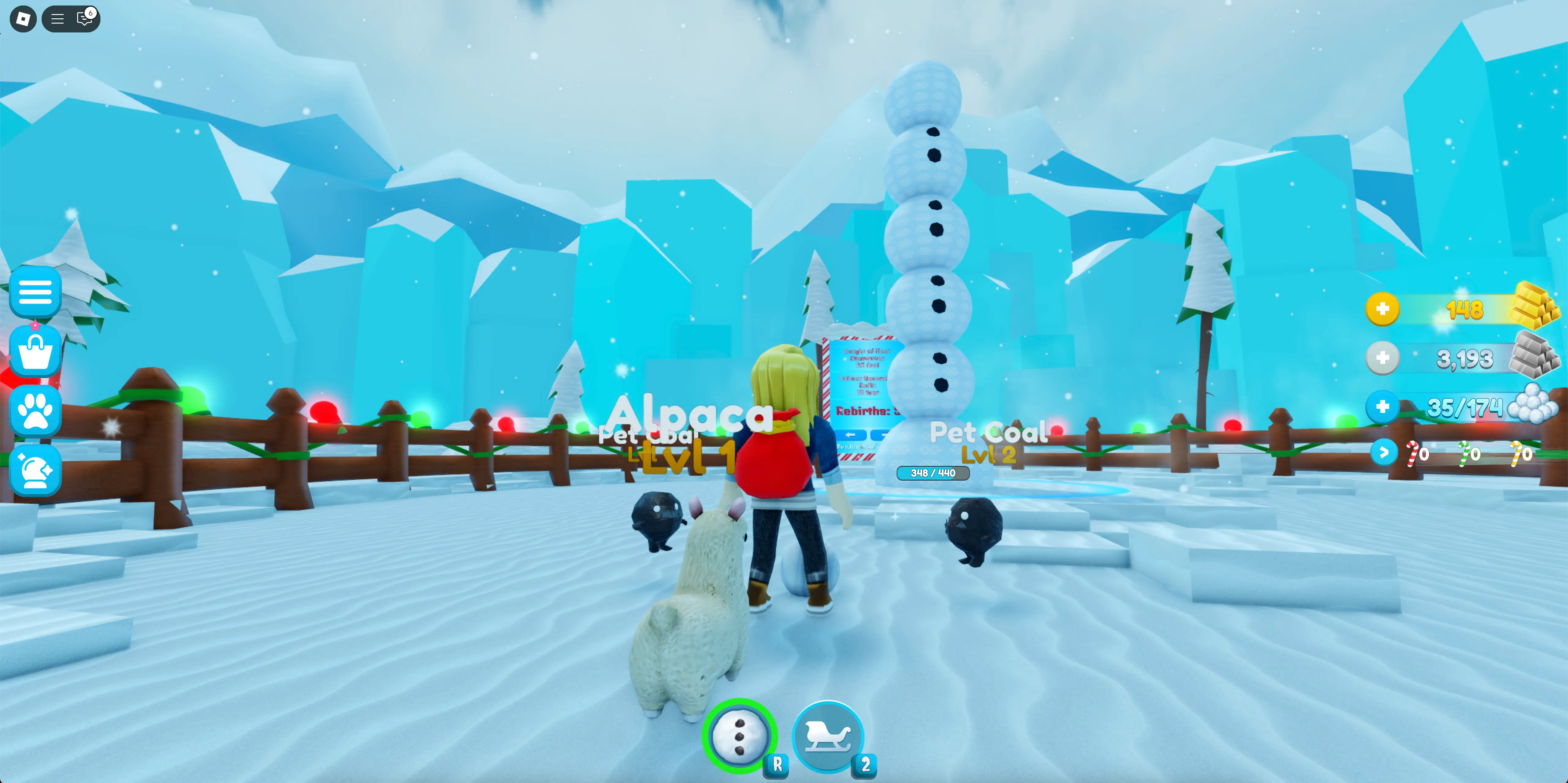 A Roblox avatar stands next to a partially built snowman in the Snowman Simulator Roblox experience