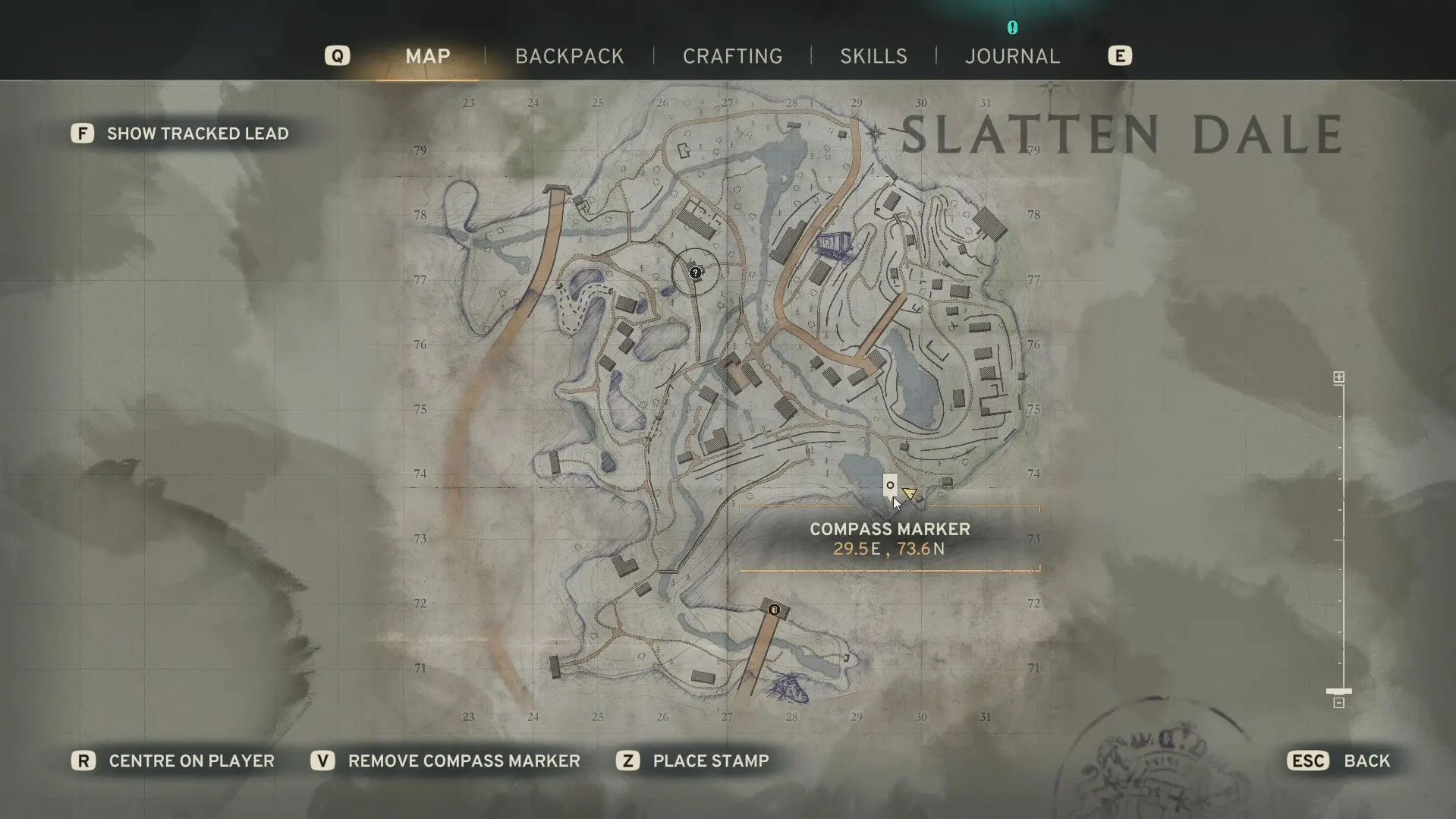 The Atomfall map screen showing Slatten Dale drawn in pencil