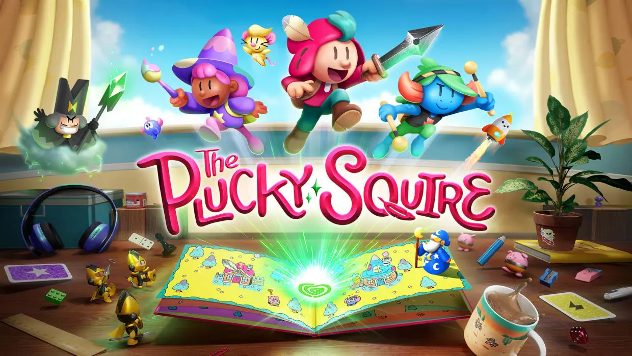 Cartoon fantasy characters spring from the pages of a storybook on a desk, over the title The Plucky Squire