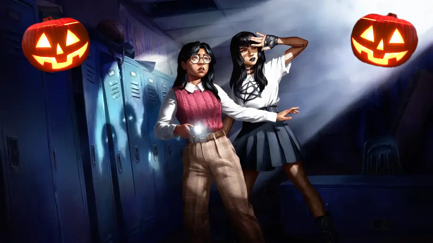 Two girls look surprised at a spotlight shining at them. One wears a blouse, the other a pentagram t-shirt. Ghostly horror shadows appear on lockers behind them.