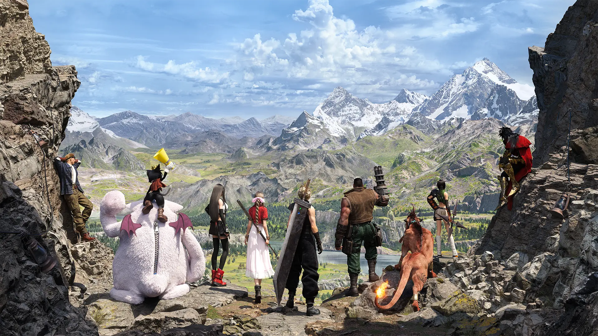 The main cast from Final Fantasy VII Rebirth on the edge looking toward a large mountain range in the distance