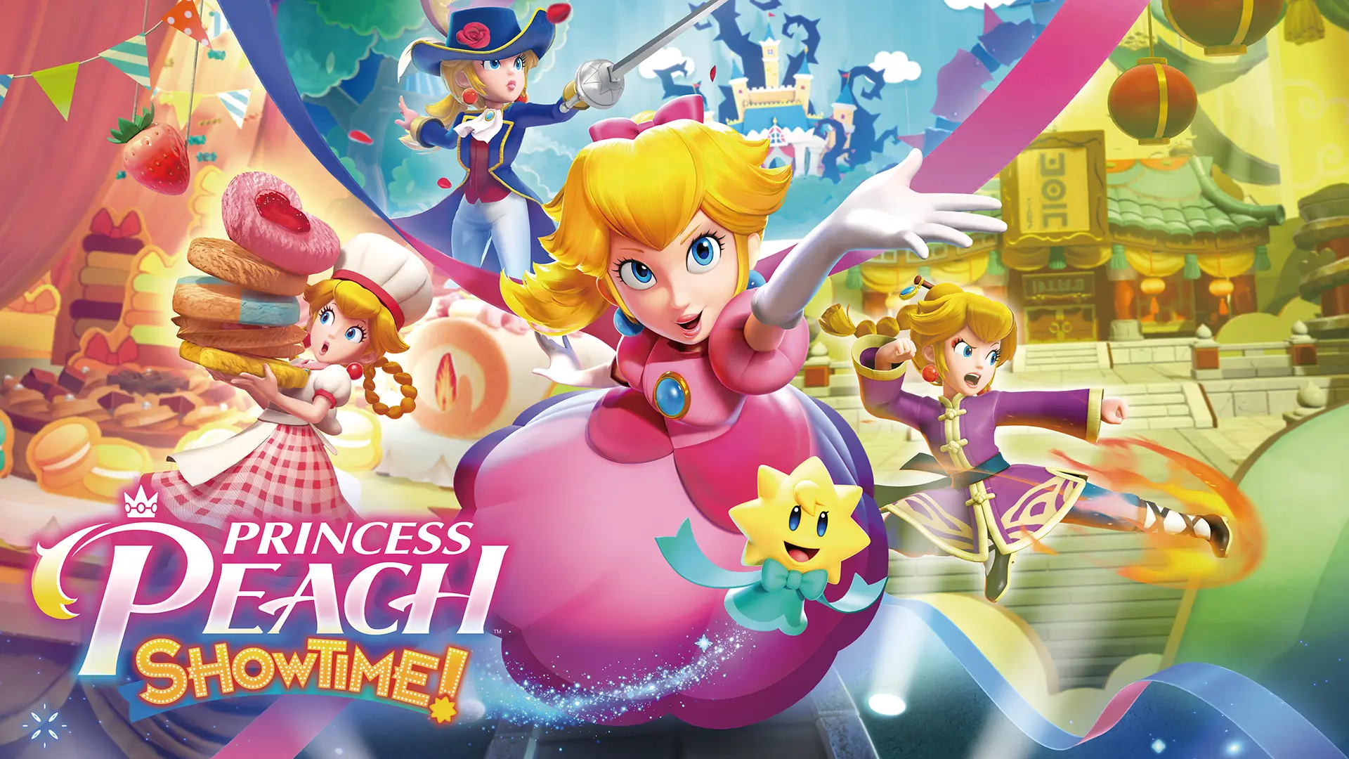 Princess Peach shown in four costumes with the Princess Peach Showtime logo in the bottom-left