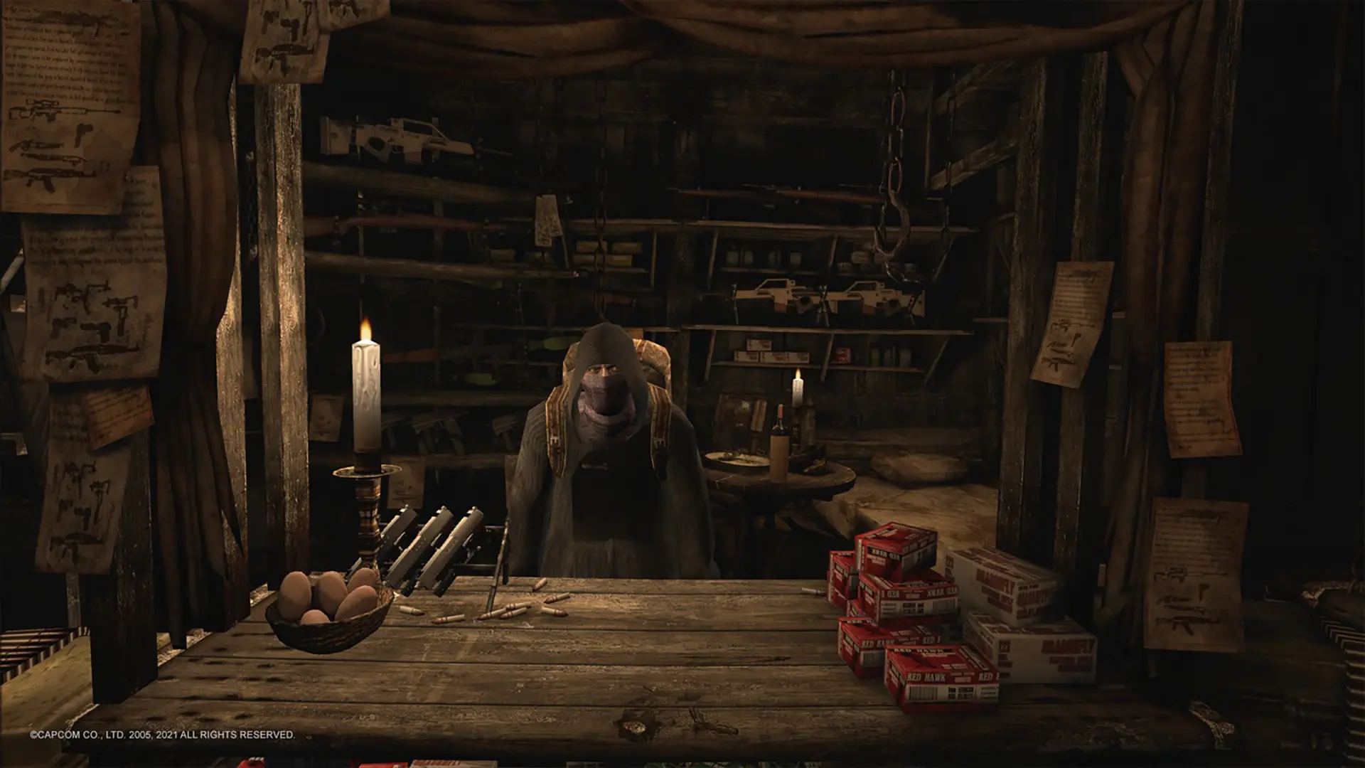 The merchant in Resident Evil 4 VR stands behind a wooden counter surrounded by merchandise