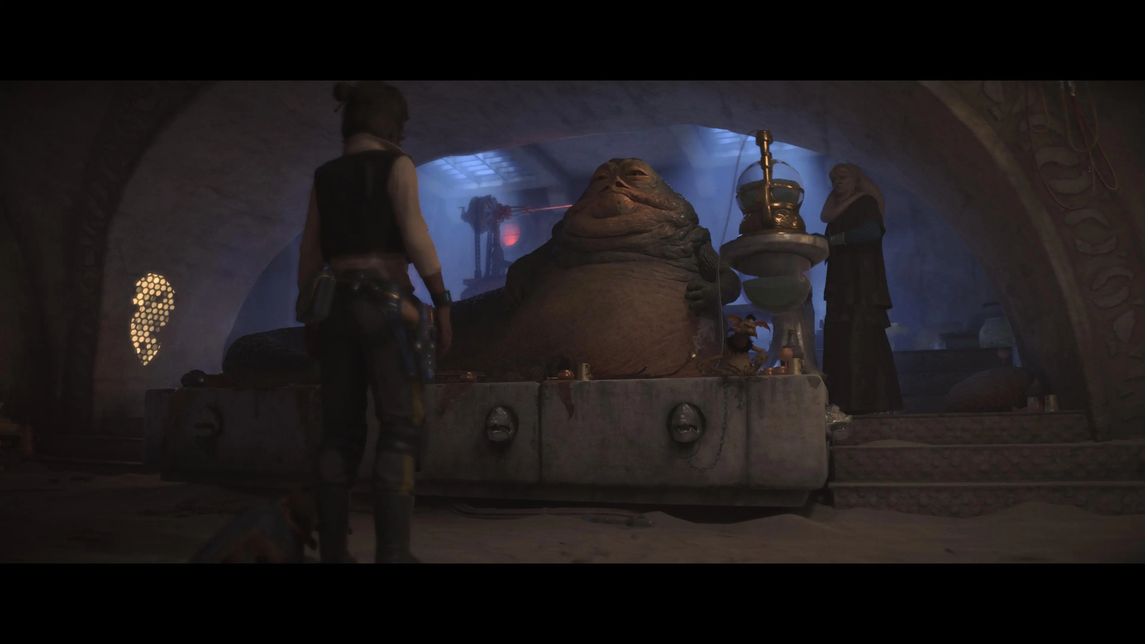 Kay Vess stands before Jabba the Hutt in Star Wars Outlaws