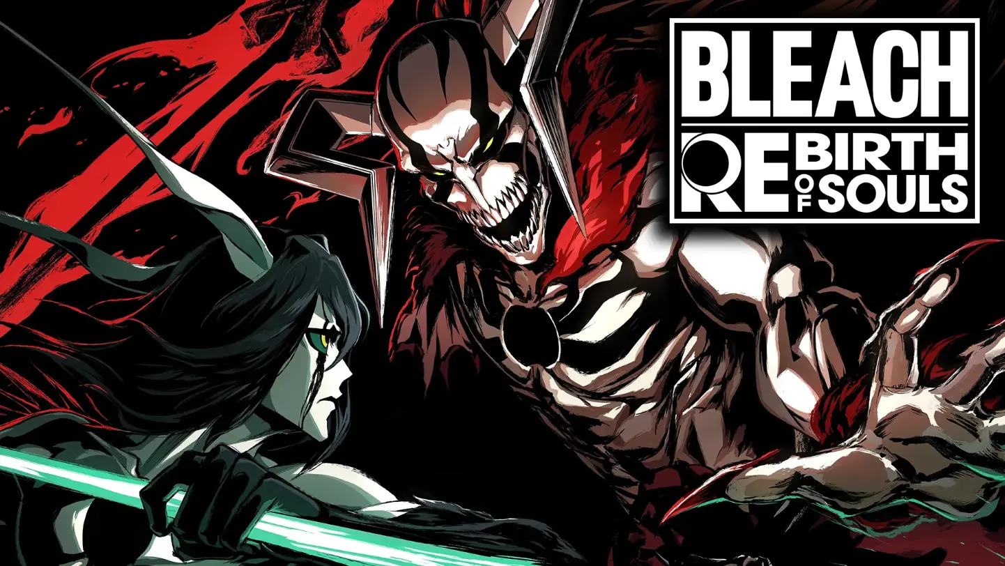 Two characters from the Bleach: Rebirth of Souls video game in a confrontational pose to the left of the game's logo