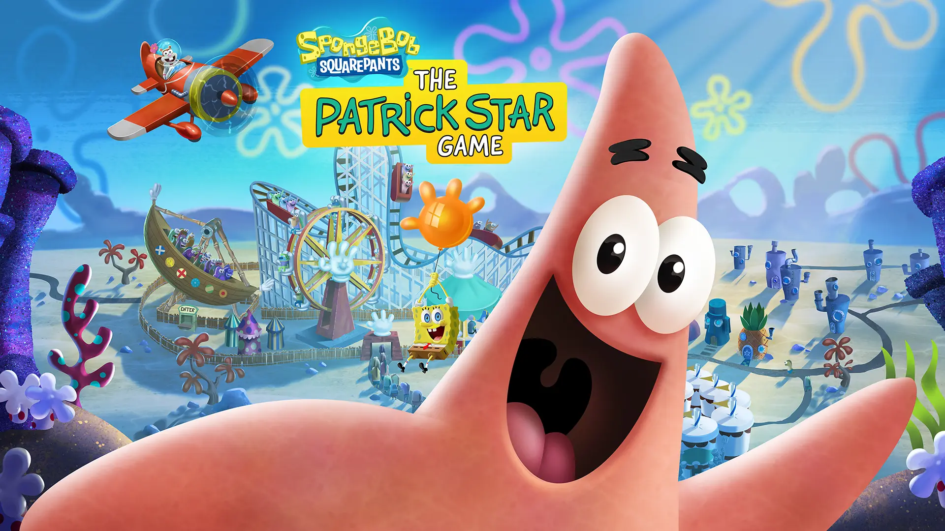 Closeup shot of Patrick Star with SpongeBob, Sandy, and a view of Bikini Bottom behind him