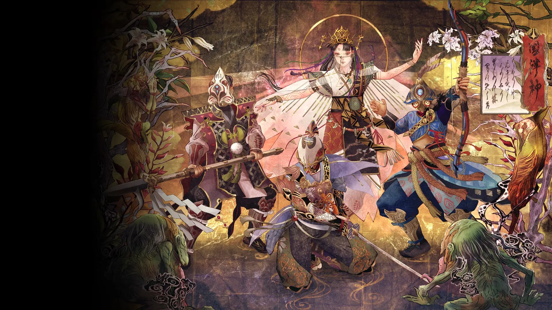 Three warrior figures wielding a sword, bow, and spear defend a magical figure behind in medieval style art of Kunitsu-Gami: Path of the Goddess. 