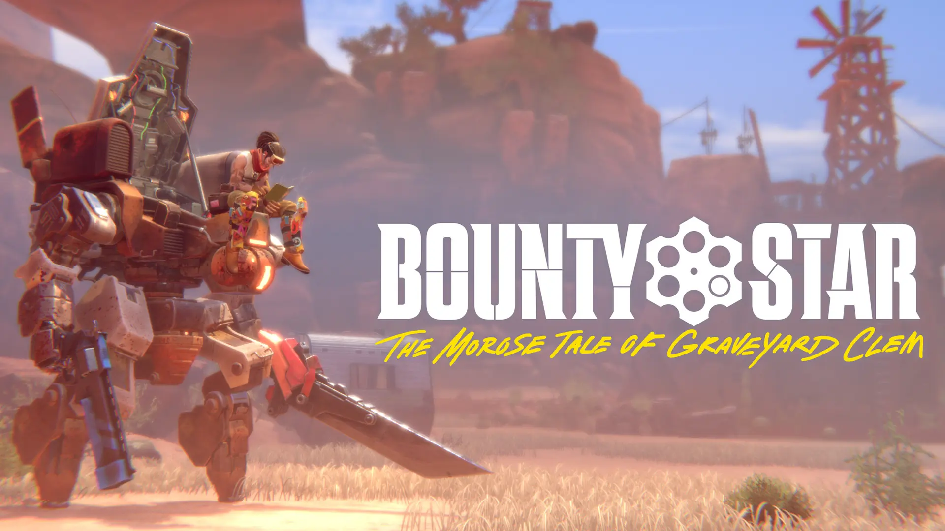 Adult woman sits on a mech in a rocky desert environment. The Bounty Star: The Morose Tale of Graveyard Clem logo is centered vertically at right.