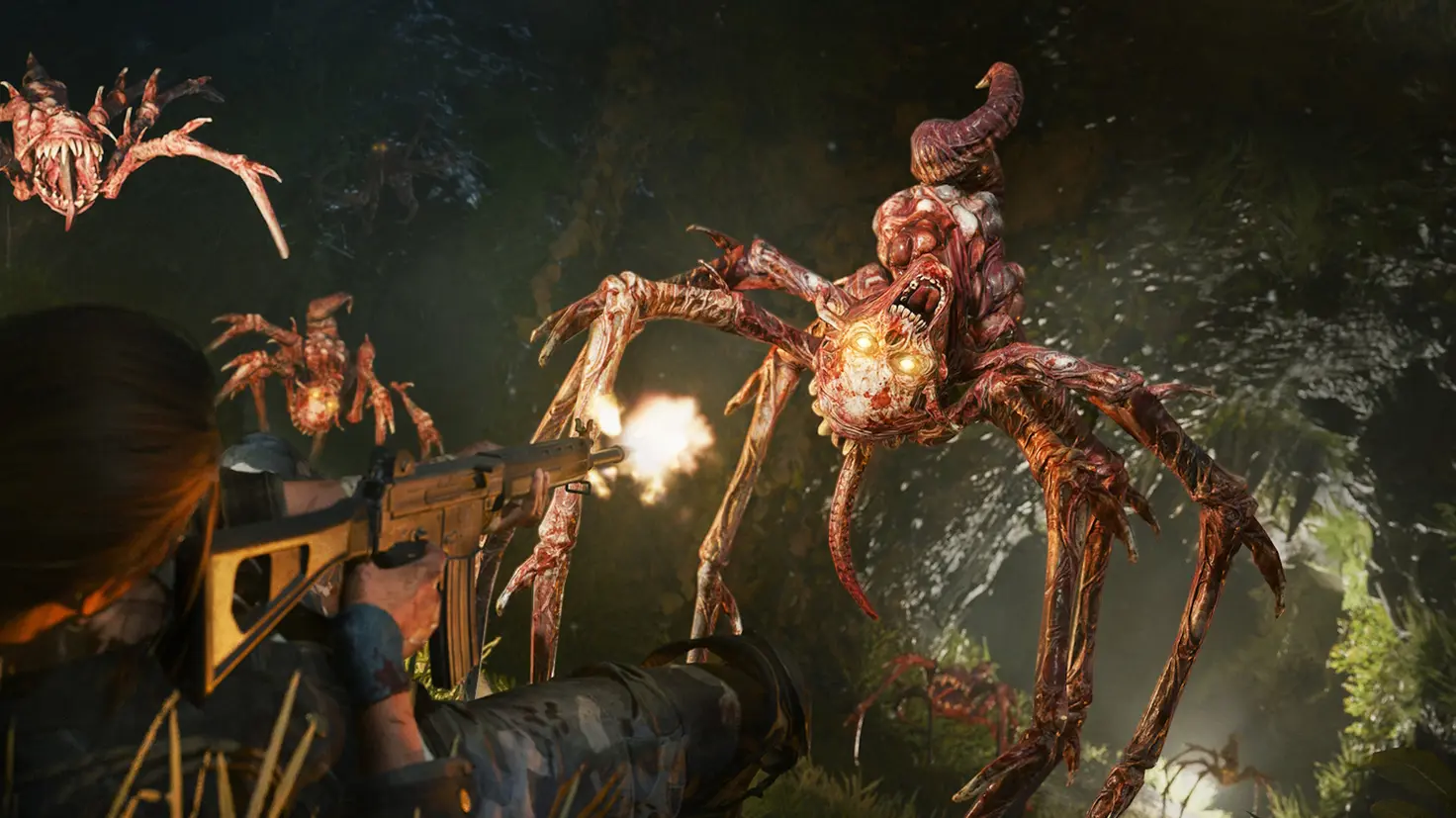 A soldier fires a gun at a demonic spider enemy in Call of Duty: Black Ops 6 Zombies