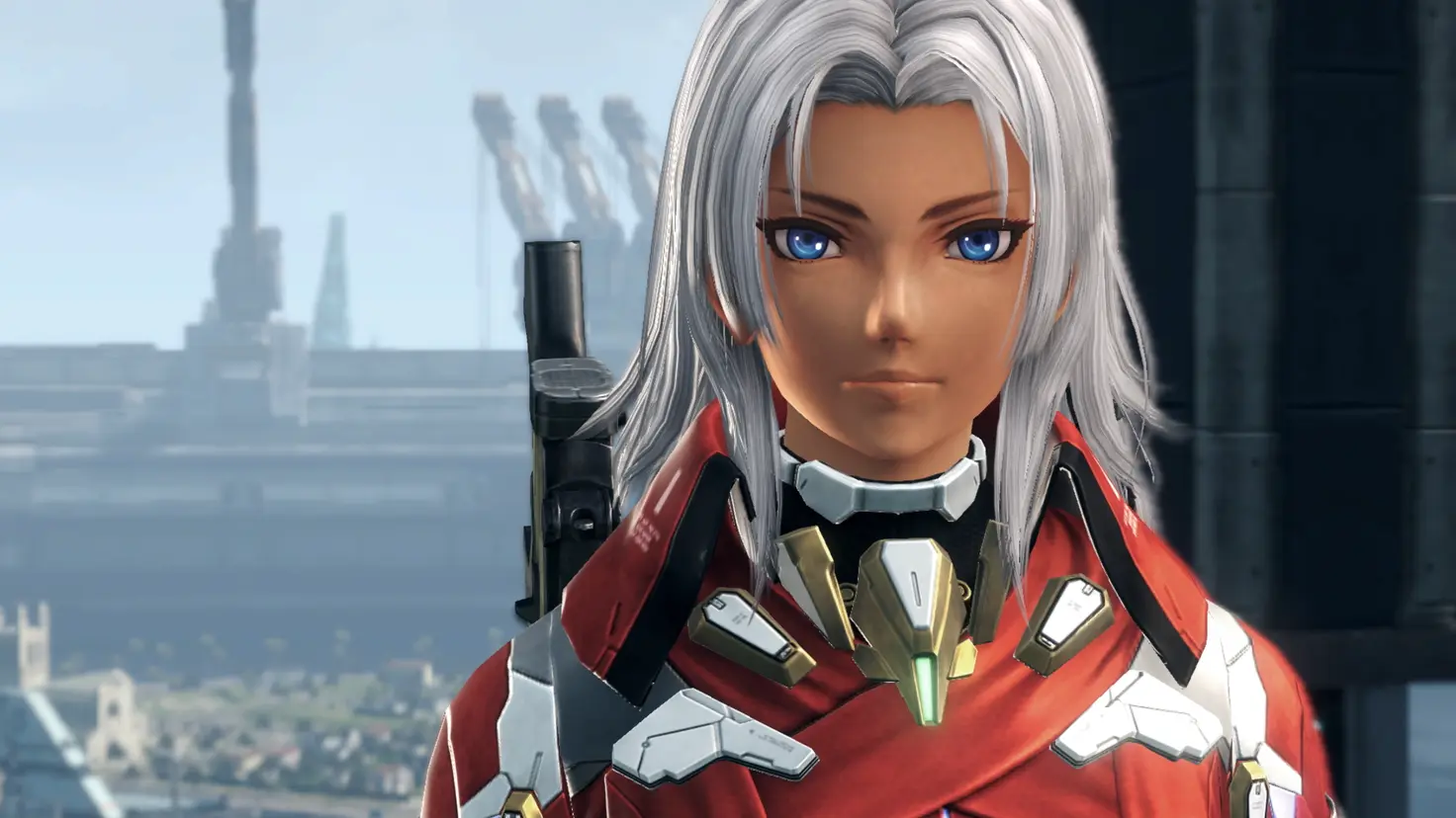 Closeup of Elma wearing a red and white suit in the Xenoblade Chronicles X: Definitive Edition video game