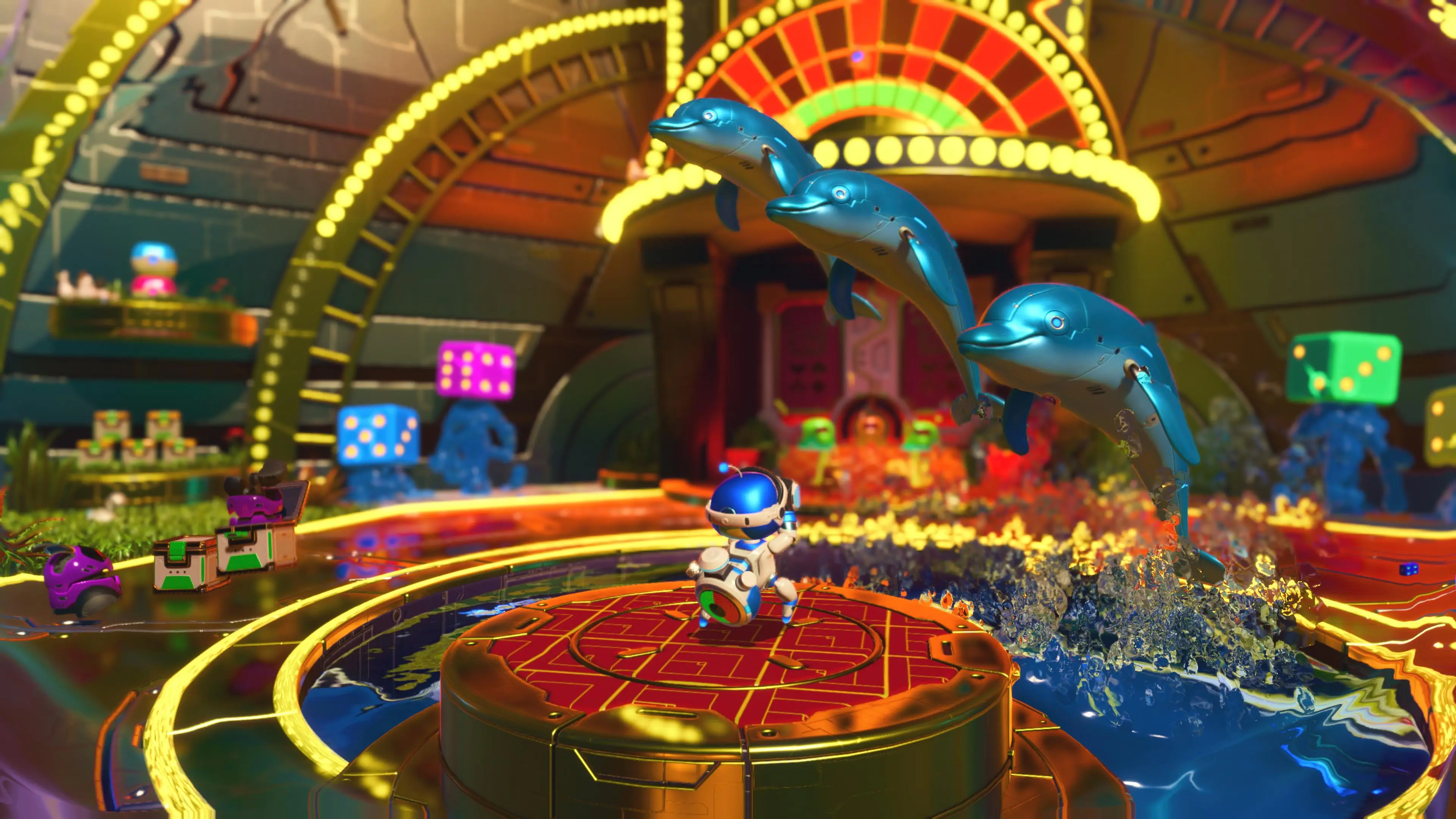 Astro Bot slows time as three dolphins jump out of a pool in a casino-themed world.