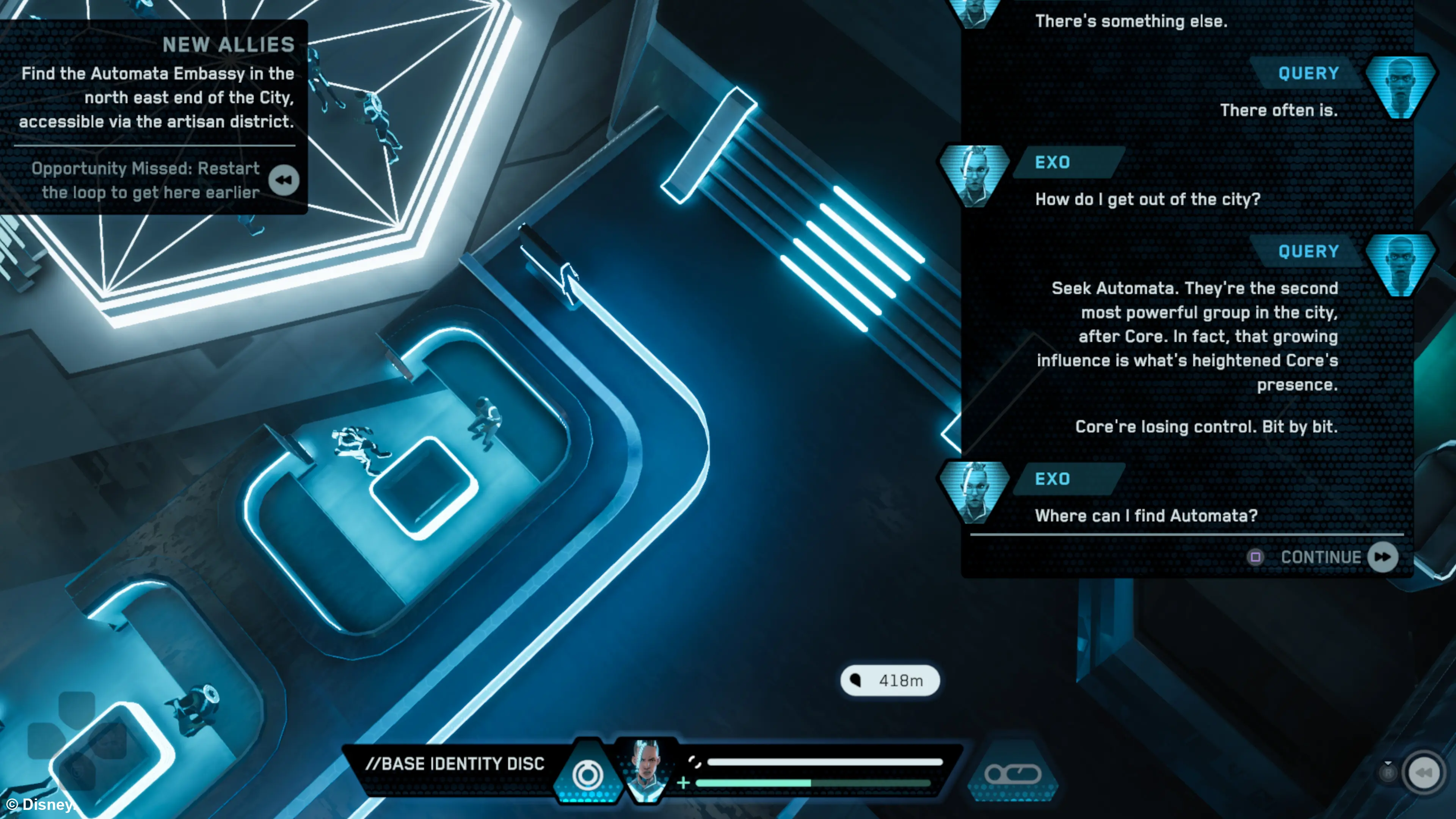 Exo talks with Query about finding a syndicate called Automata. Both are in a conversation pit with neon-lit booth lining.