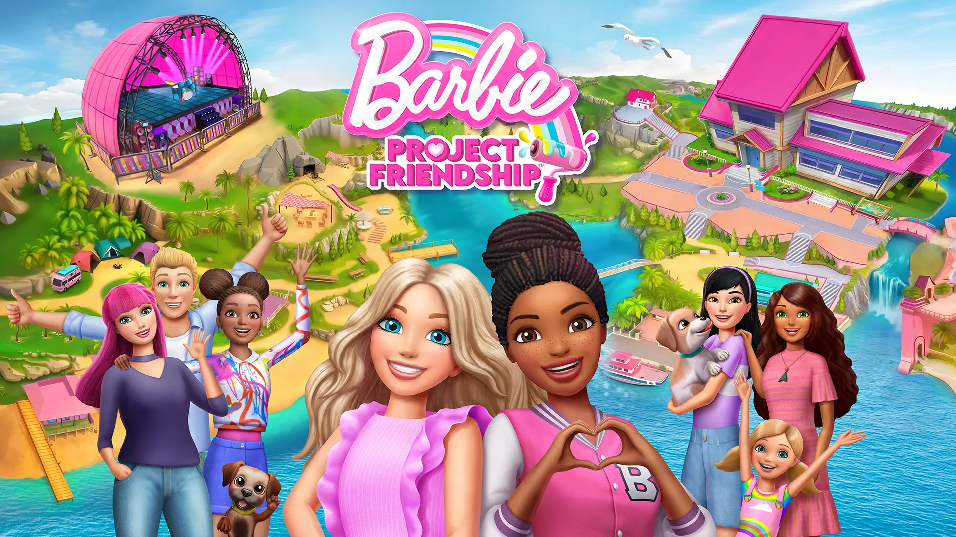 Malibu and Brooklyn surrounded by other Barbie characters with a concert stage and community center in the background. The Barbie Project Friendship logo is centered at top.