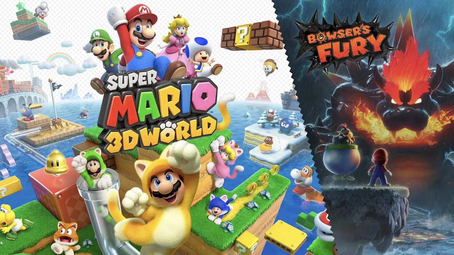 A split image showing a colorful cast of mario characters including Cat Mario exploring a level and also a darker scarier image of fury bowser in front of Bowser jr and Mario