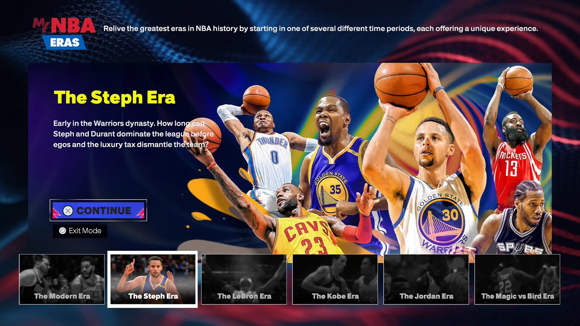 Screenshot of the MyNBA Eras menu in NBA 2K25 with The Steph Era selected