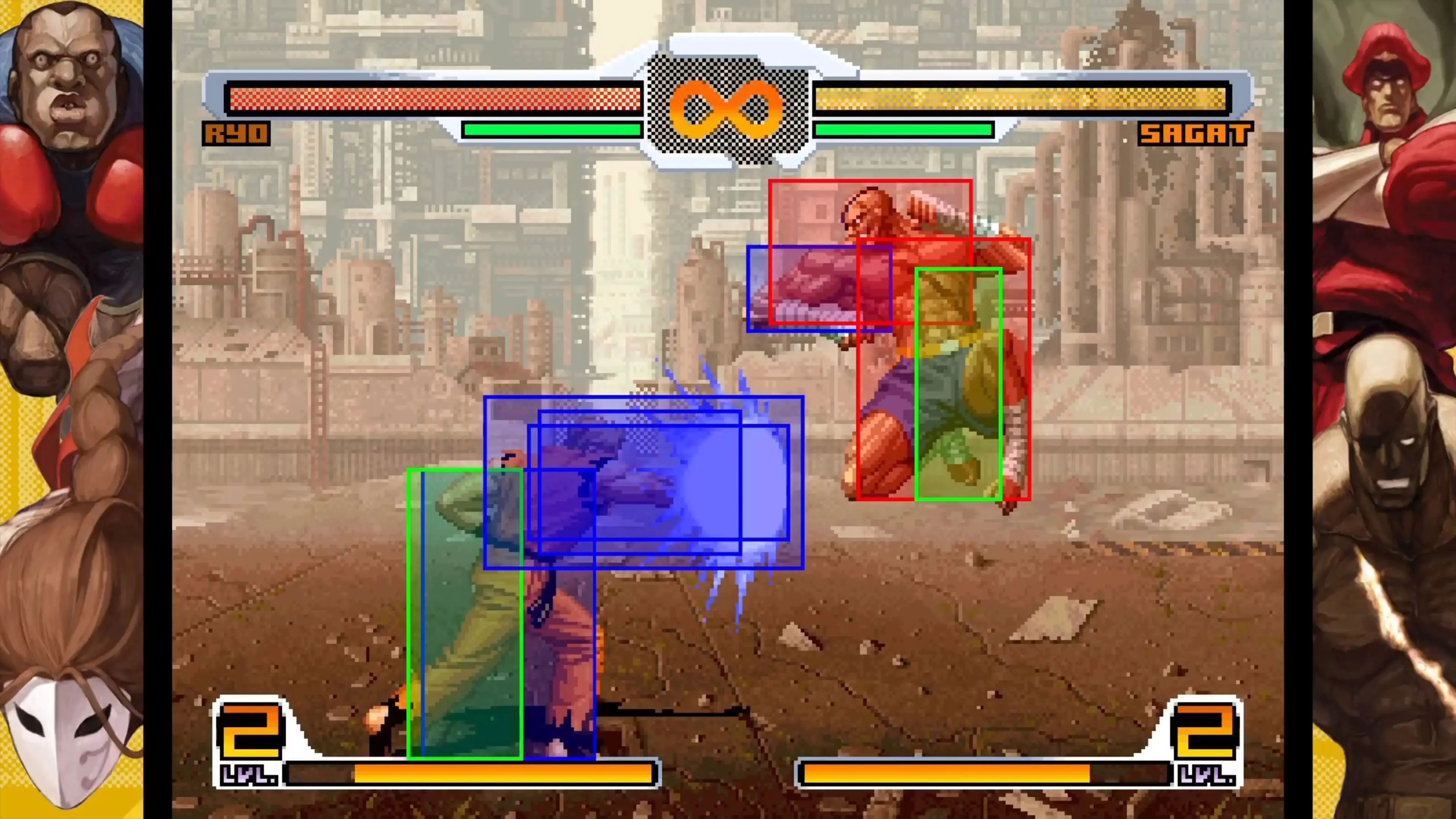 Ryo and Sagat battle in SNK vs. Capcom SVC Chaos with colored hitboxes showing character collision bounds.