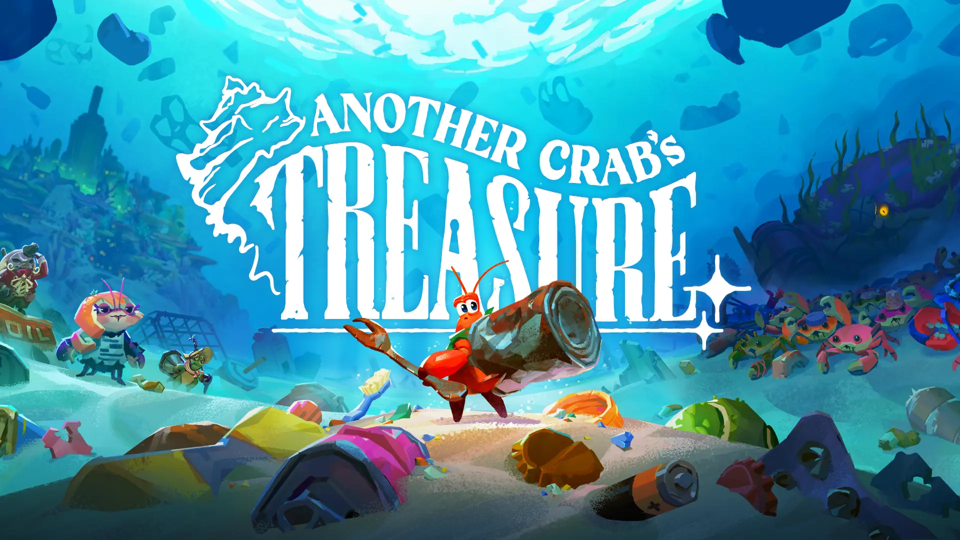 A small hermit crab with big eyes wearing a tin can and holding an old fork before an underwater scene with trash littering the environment. The title Another Crab's Treasure is behind.