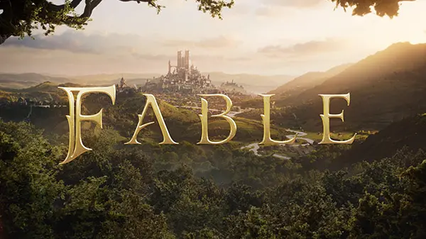 Fable keyart showing the game's logo on a fantasy landscape with a castle town in the distance.