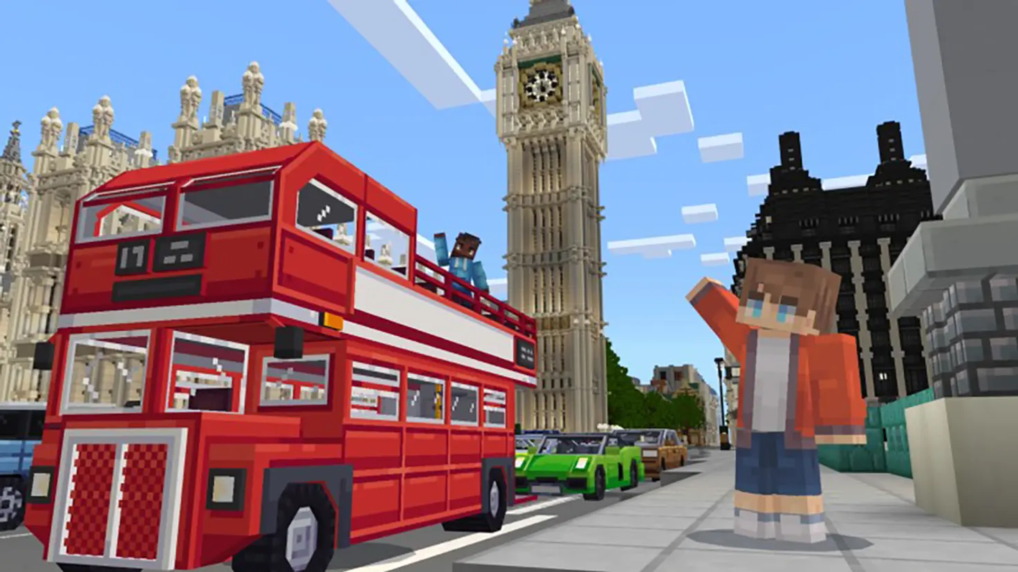 A Minecraft version of London with a red double-decker bus in the foreground and the Elizabeth Tower in the background. A Minecraft player standing on a sidewalk is waving to another player on the top level of the double-decker bus.