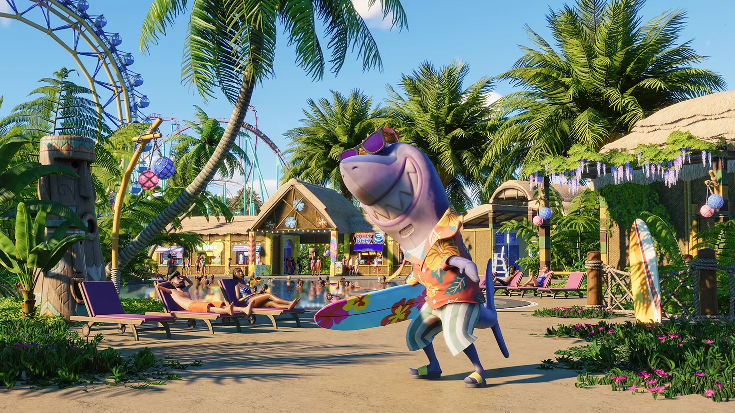 A shark mascot stands with a surfboard in Planet Coaster 2. He's in a tropical park with guests relaxing on deck chairs nearby