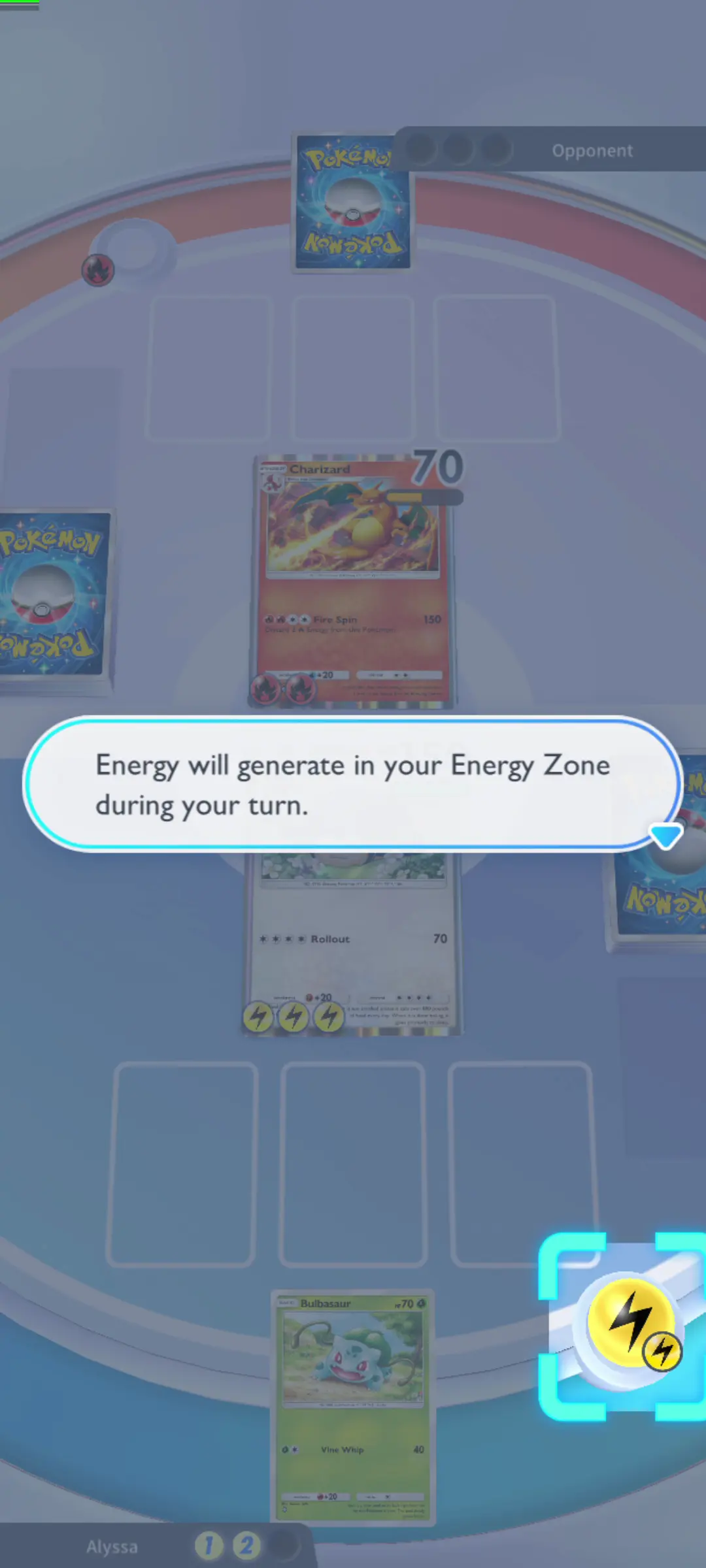 The battle tutorial in the Pokemon TCG Pocket mobile game. Text reads "Energy will generate in your Energy Zone during your turn."