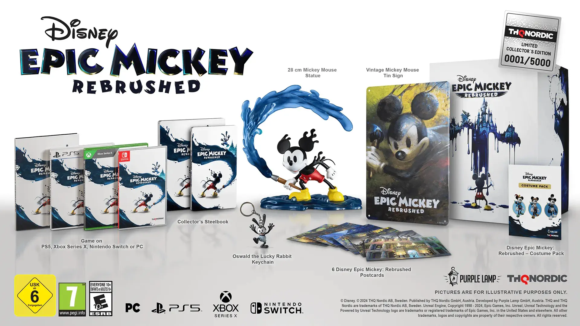 The Epic Mickey: Rebrushed Collectors edition including a statue of Mickey with a paintbrush, a keyring, postcards, and a tin sign