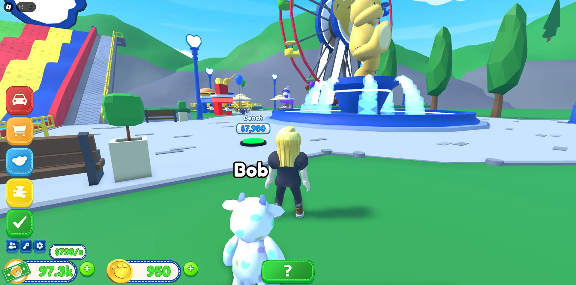 A Roblox character stands in front of a stuffed cow in an amusement park in the Build-A-Bear Tycoon Roblox experience