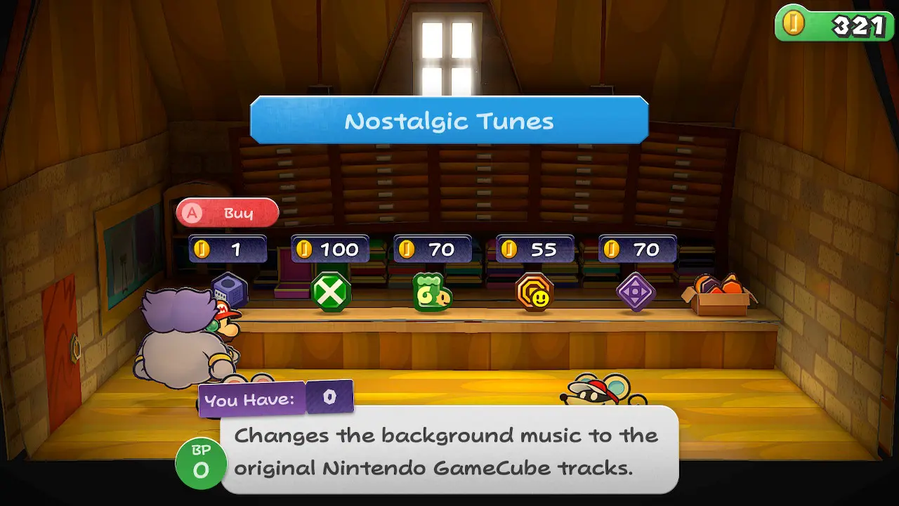 Mario examining the Nostalgic Tunes Badge in the Lovely Howz of Badges in the Paper Mario: The Thousand-Year Door video game