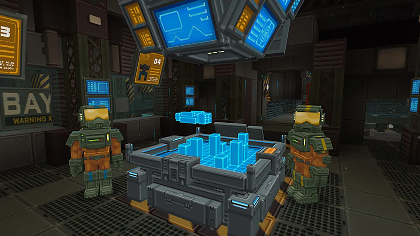 Two Minecraft avatars wearing futuristic suits and helmets stand near a console