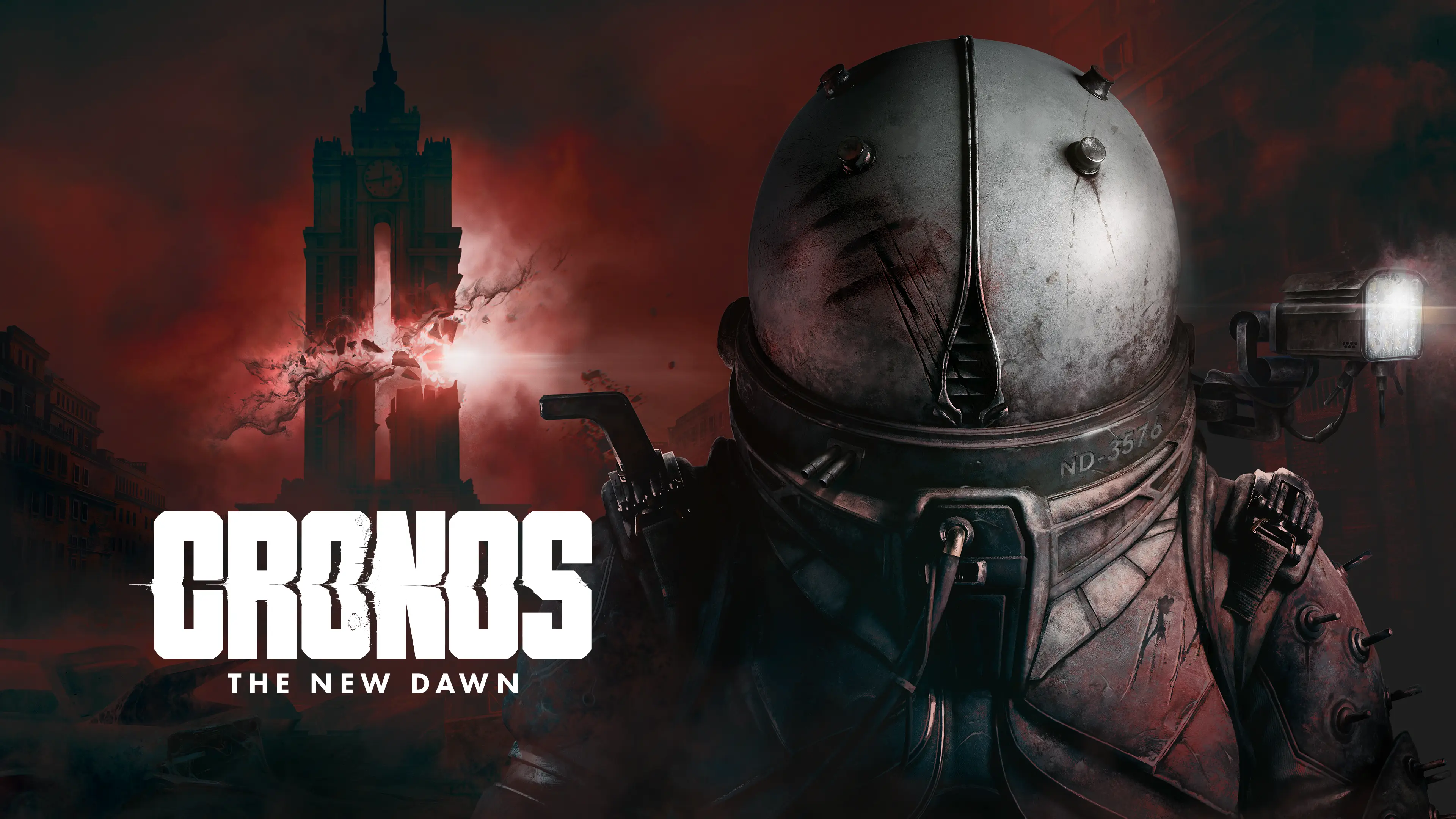 Human figure wearing a dome-shaped helmet to the right of the Cronos: The New Dawn logo. A tower is struck by an explosion in the background.