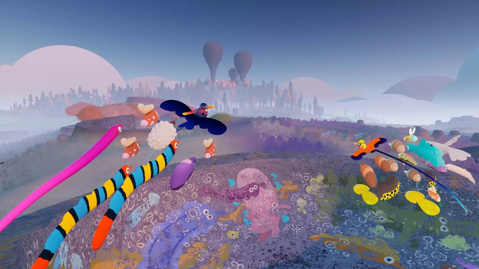 Two birds fly over a dreamlike landscape followed by various bizarre flocks of creatures.