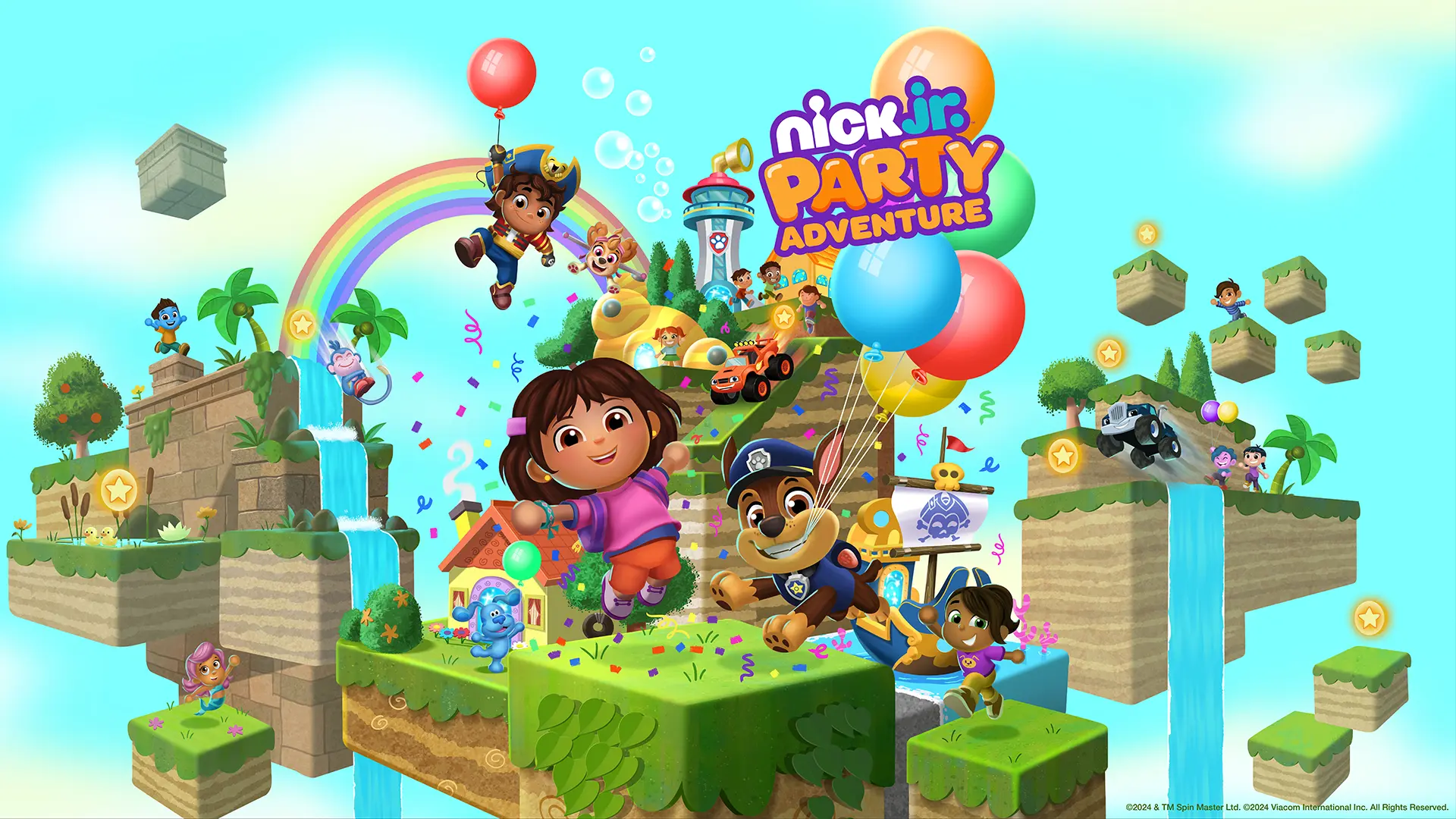 Dora the Explorer, Chase from Paw Patrol, and other Nickelodeon cartoon characters jump and drive around a series of floating islands with a rainbow and blue sky in the background