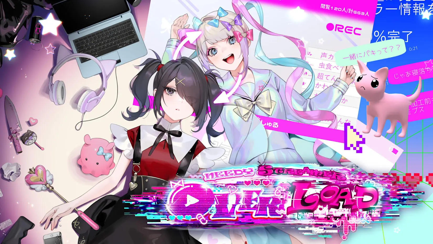 Two female anime characters from the Needy Streamer Overload video game. The game's logo is at bottom-right.