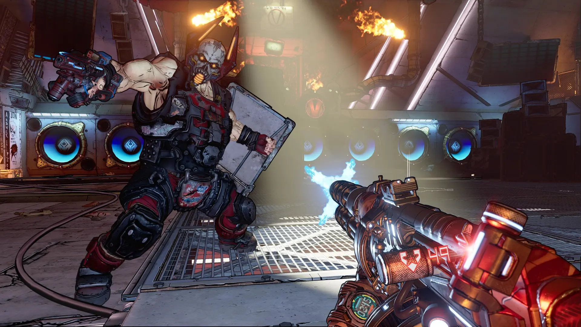 A Psycho boss in Borderlands 3 strikes a pose on the dancefloor as the player fires a weapon at them.