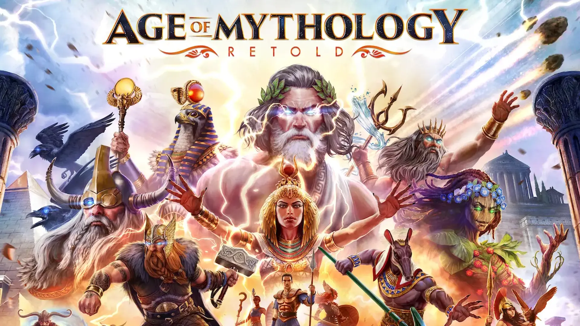 Gods from Age of Mythology: Retold including Zeus along with several mythical creatures under the game's title.