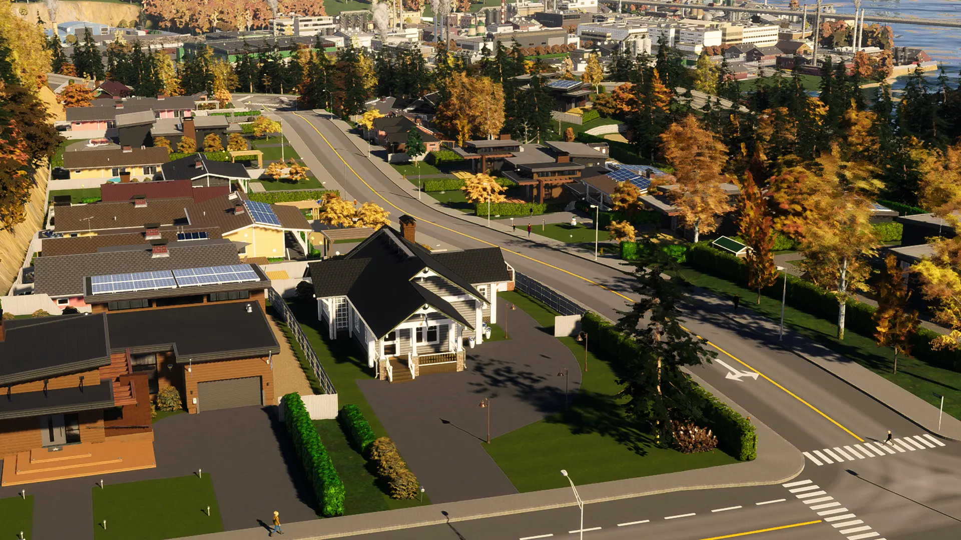 A suburban neighborhood during the fall in the Cities: Skylines II video game