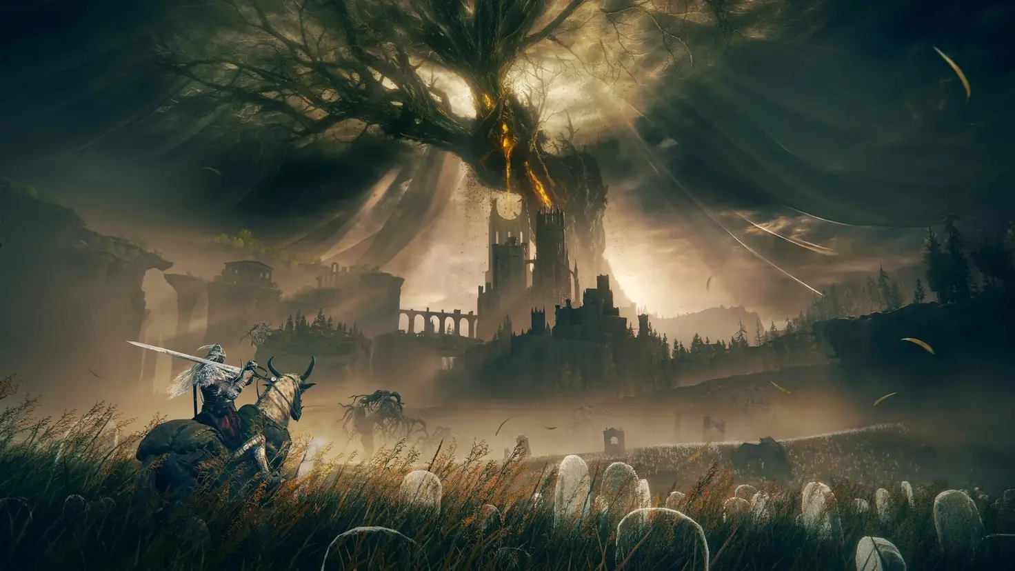 Elden Ring: Shadow of the Erdtree key art. A knight on horseback stands amid a field of reeds and ghostly gravestones before a giant and gnarled tree in the land of shadows.