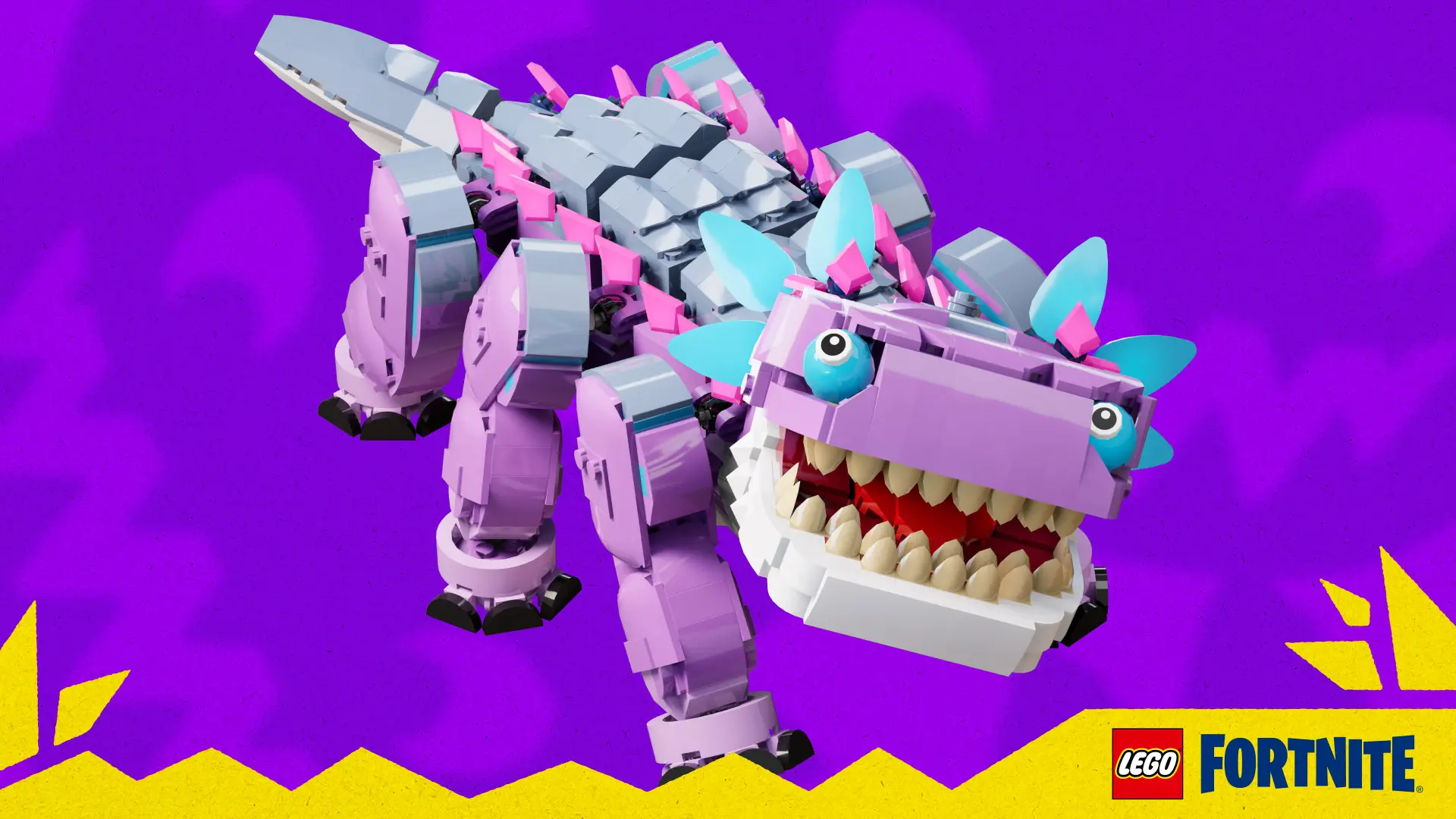 A purple, gray, and blue Lego Klombo from the Lego Fortnite video game