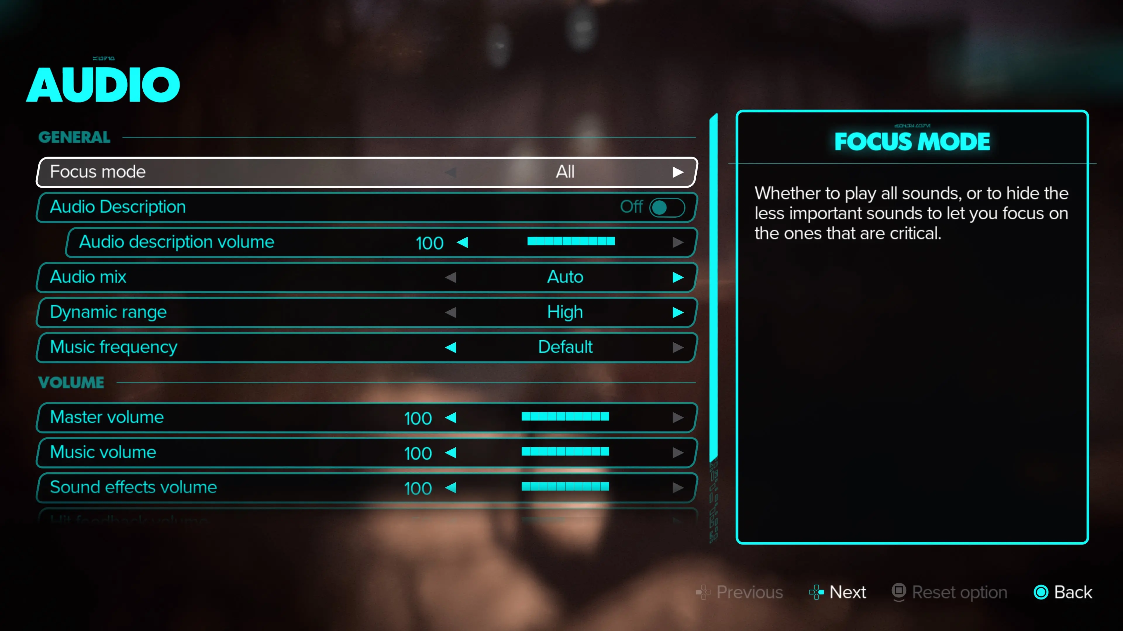 Screenshot from the Star Wars Outlaws video game showing some of the audio options players can change