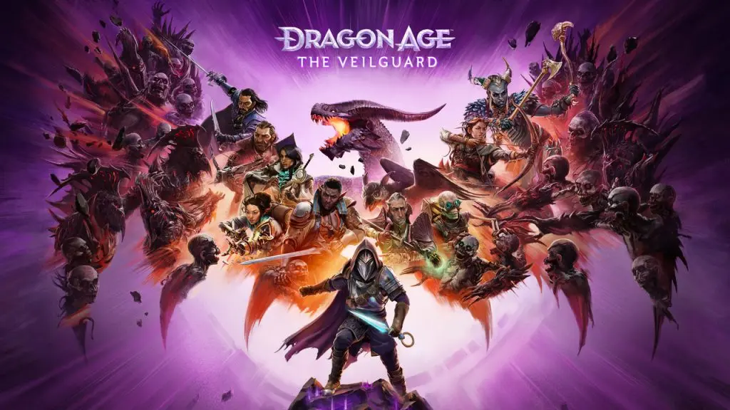 The protagonist of Dragon Age: The Veilguard stands in front of a dragon made up of a montage of character portraits from the game.