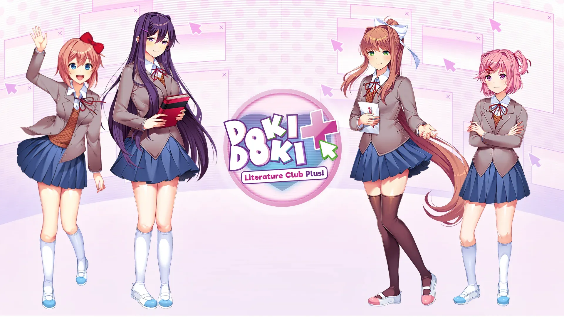 Four girls in school uniforms stand beside the doki doki literature club plus title