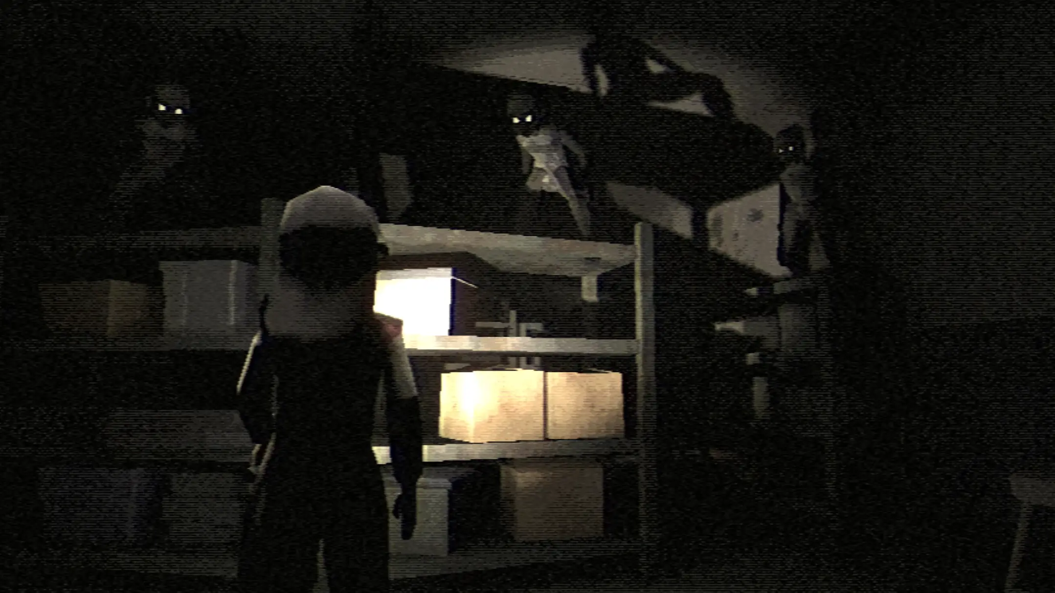 A young girl stands in a dark storage room with a light barely illuminating three dark figures gazing at her from the tops of shelves