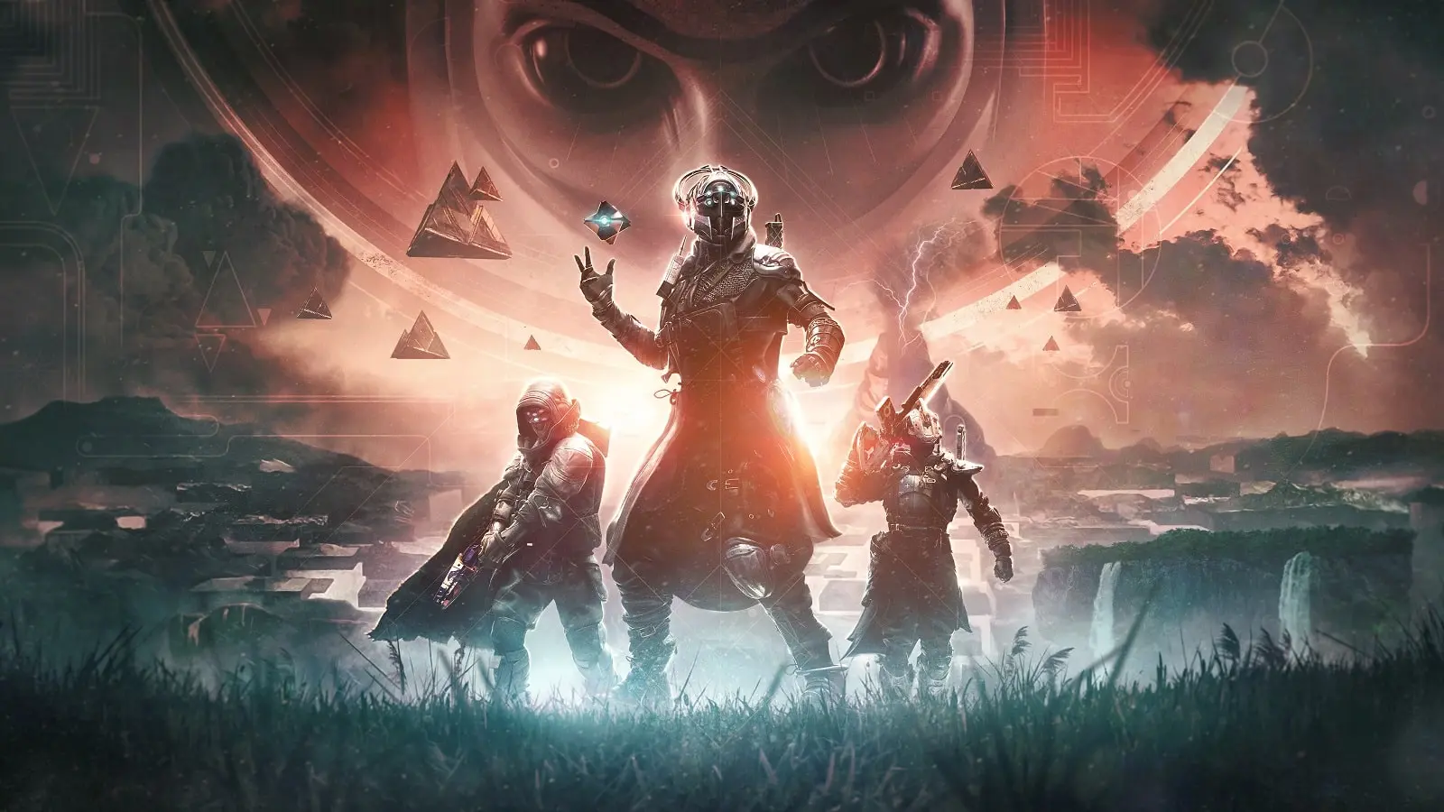 Destiny 2: The Final Shape key art featuring three Guardians standing in front of Pyramid-shaped ships coming in to land.