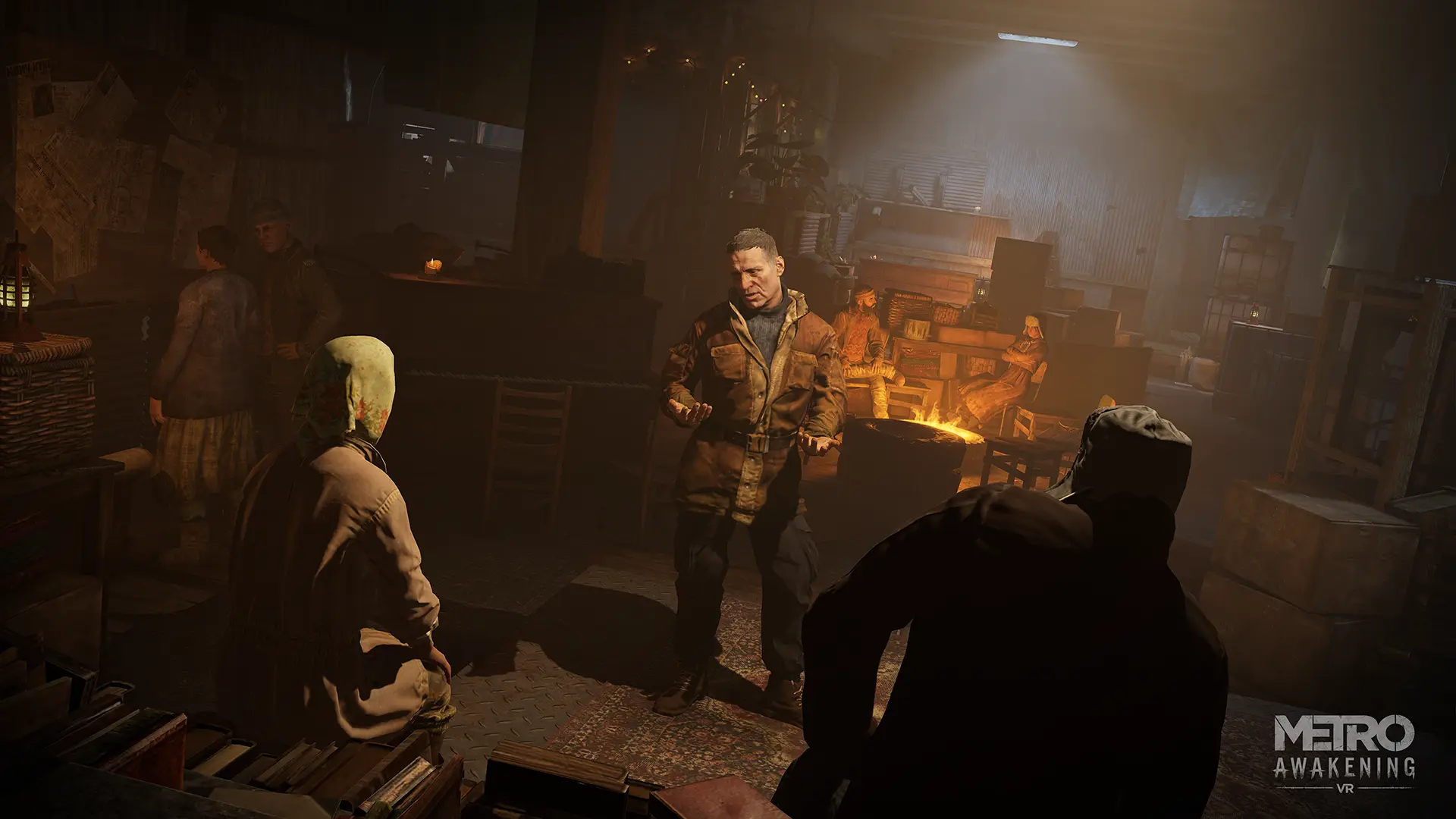 A group of survivors bundled in warm clothing in the Metro Awakening video game