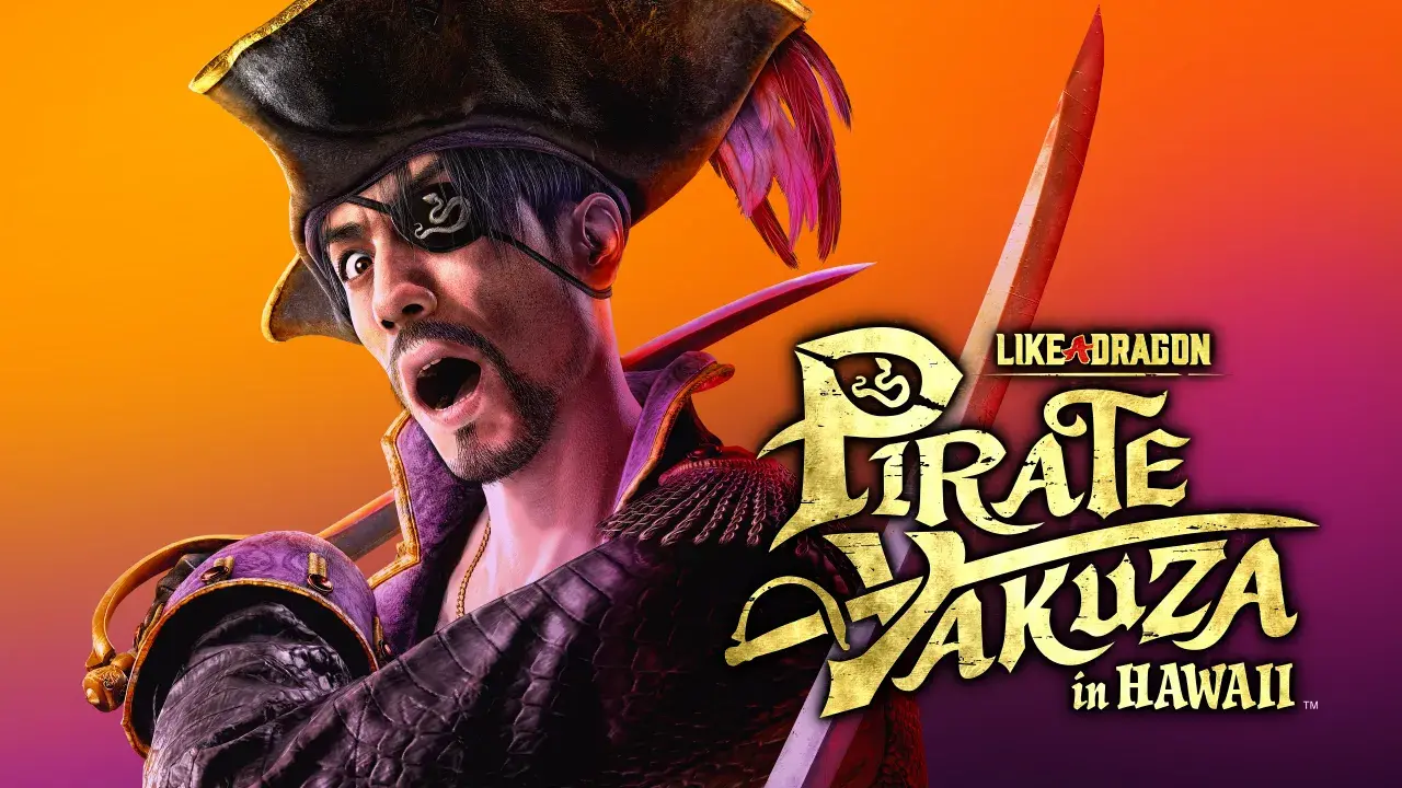 A pirate holding a sword with his mouth open to the left of the Like a Dragon: Pirate Yakuza in Hawaii logo