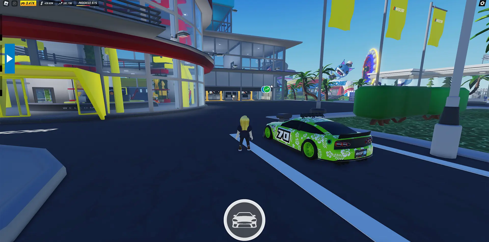 A Roblox player stands next to a customized NASCAR vehicle in the NASCAR Tycoon Roblox experience