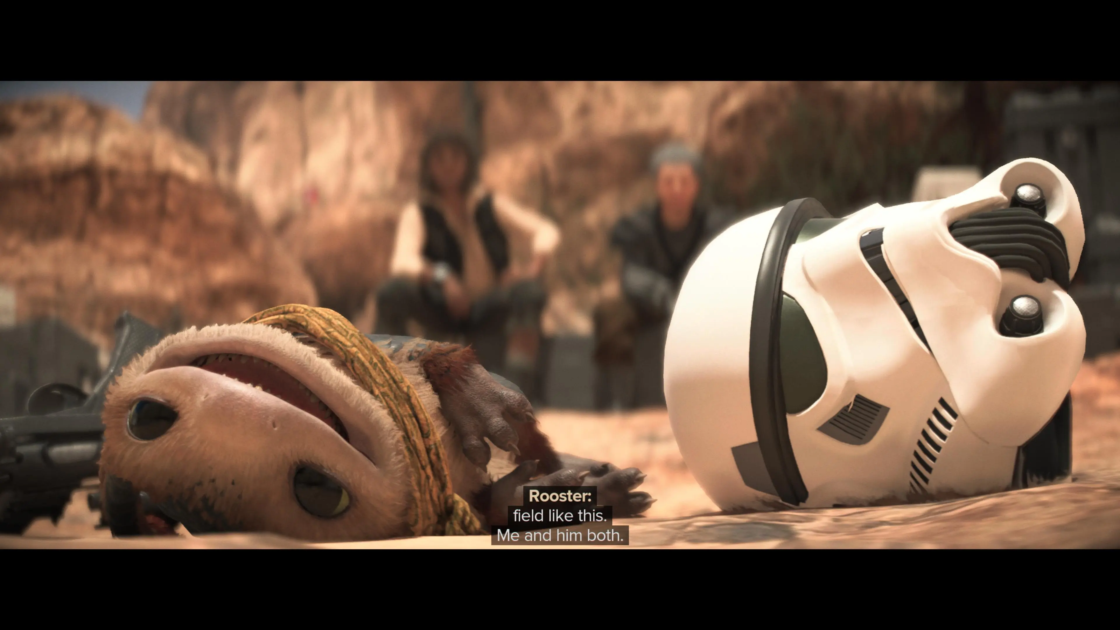 Nix rolls in the sand next to a Storm Trooper helmet in Star Wars Outlaws